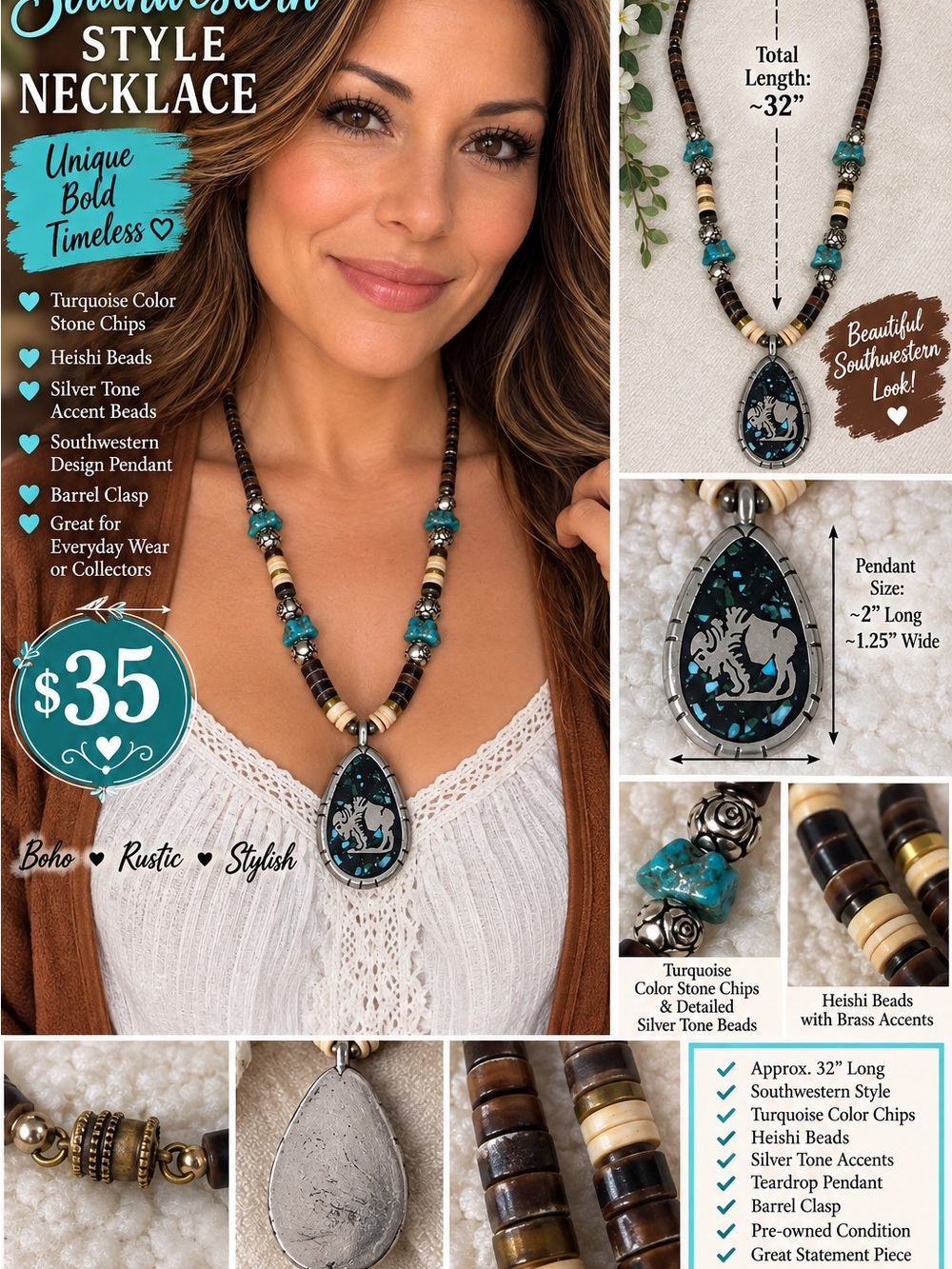 Turquoise Teardrop Southwestern Necklace - Unbranded